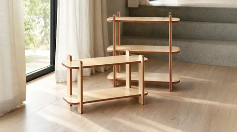 Two plywood shelving units with coloured layered edges, placed in a bright interior beside a window.